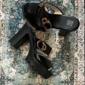 Black and Gold Block Heel Mules